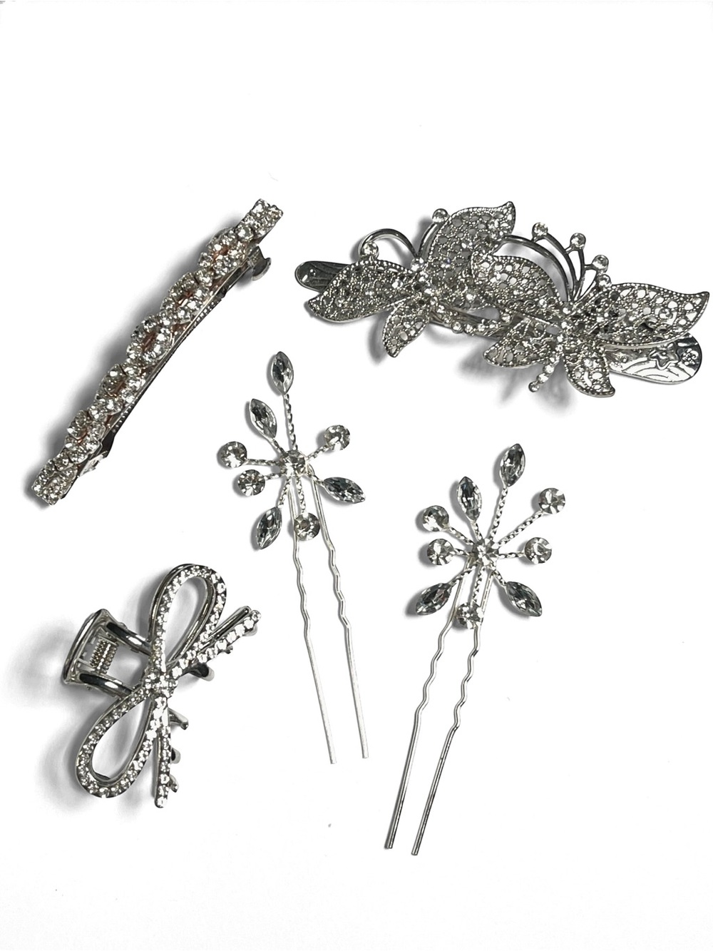 VTG to Now Rhinestone Hair Accessories Barrettes Pins Clips Silver Tone Formal